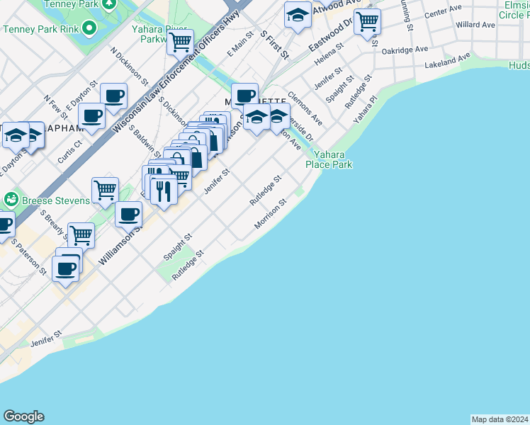 map of restaurants, bars, coffee shops, grocery stores, and more near 1344 Morrison Street in Madison