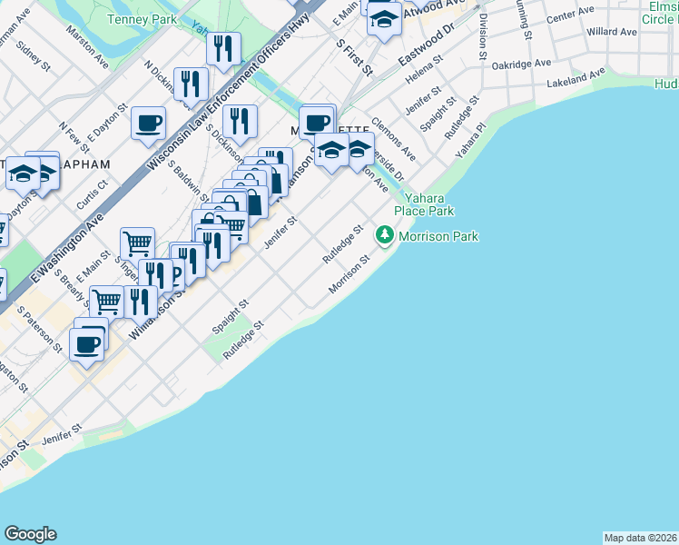 map of restaurants, bars, coffee shops, grocery stores, and more near 1344 Morrison Street in Madison