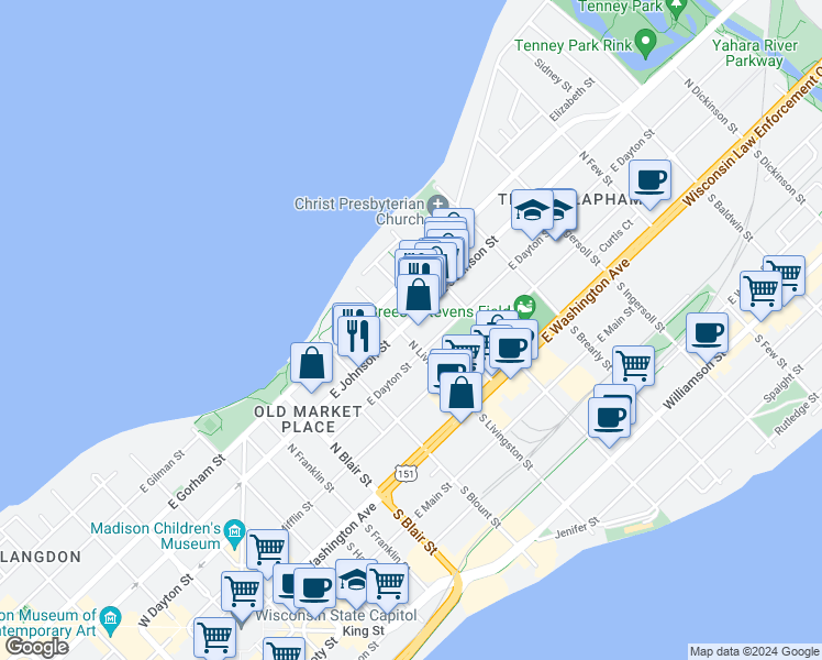 map of restaurants, bars, coffee shops, grocery stores, and more near 215 North Livingston Street in Madison