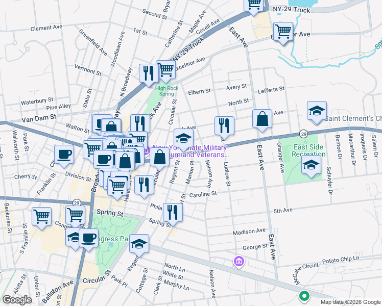 map of restaurants, bars, coffee shops, grocery stores, and more near Lake Avenue & Marion Place in Saratoga Springs