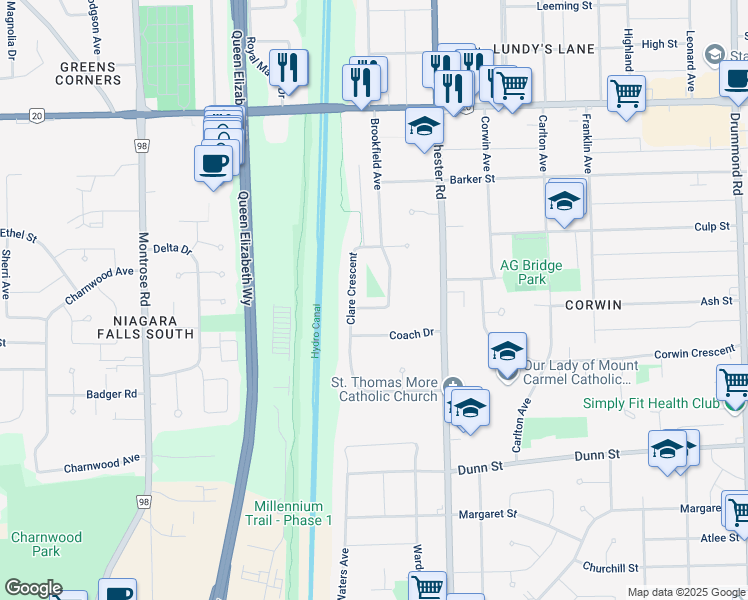 map of restaurants, bars, coffee shops, grocery stores, and more near 7071 Brookfield Avenue in Niagara Falls