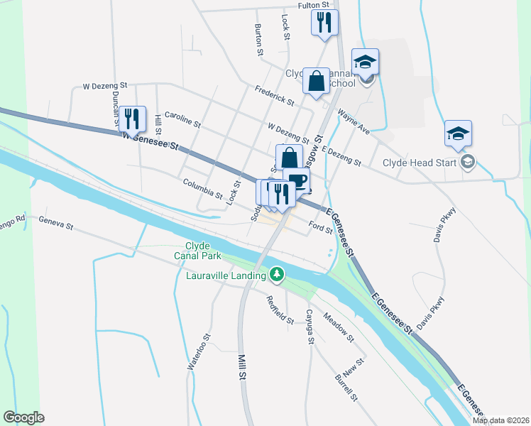 map of restaurants, bars, coffee shops, grocery stores, and more near 41 Columbia Street in Clyde