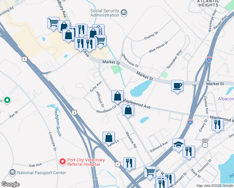 map of restaurants, bars, coffee shops, grocery stores, and more near 1345 Maplewood Avenue in Portsmouth