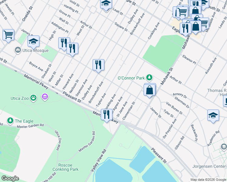 map of restaurants, bars, coffee shops, grocery stores, and more near 1622 Conkling Avenue in Utica