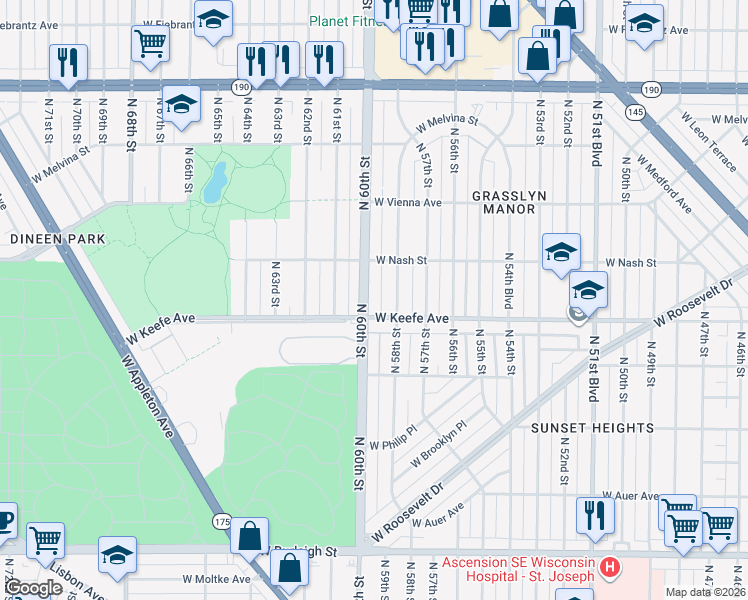 map of restaurants, bars, coffee shops, grocery stores, and more near 3501 North 60th Street in Milwaukee