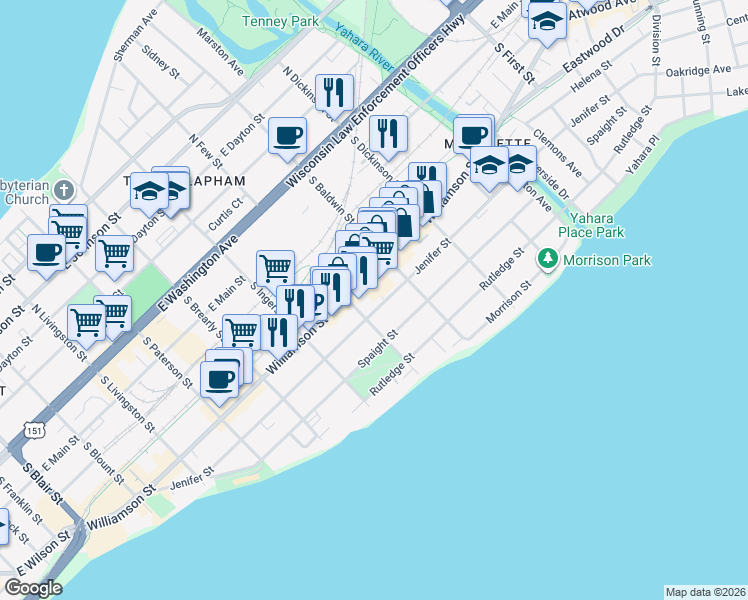 map of restaurants, bars, coffee shops, grocery stores, and more near 1223 Jenifer Street in Madison