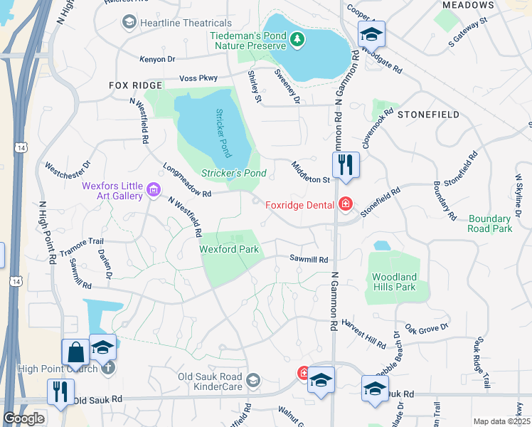 map of restaurants, bars, coffee shops, grocery stores, and more near 2 Longmeadow Circle in Madison