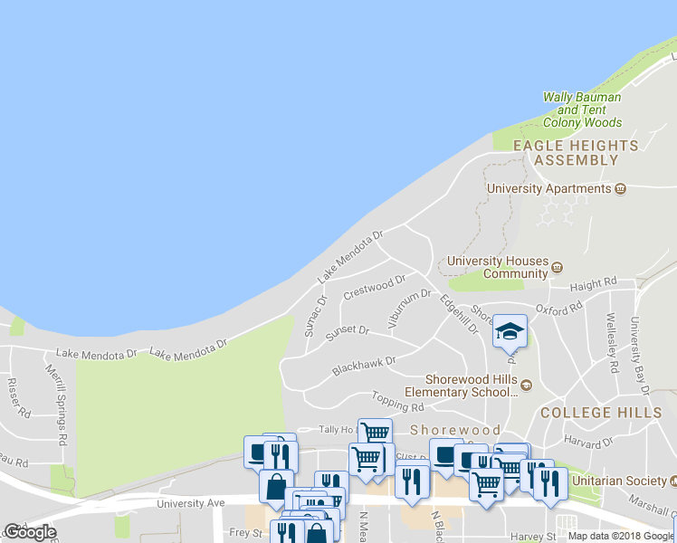 map of restaurants, bars, coffee shops, grocery stores, and more near 3433 Lake Mendota Drive in Madison