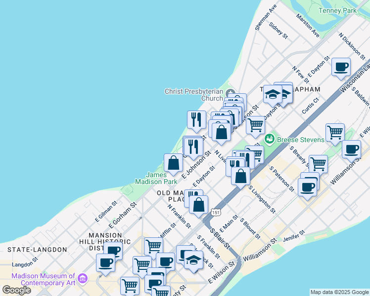 map of restaurants, bars, coffee shops, grocery stores, and more near 720 East Gorham Street in Madison