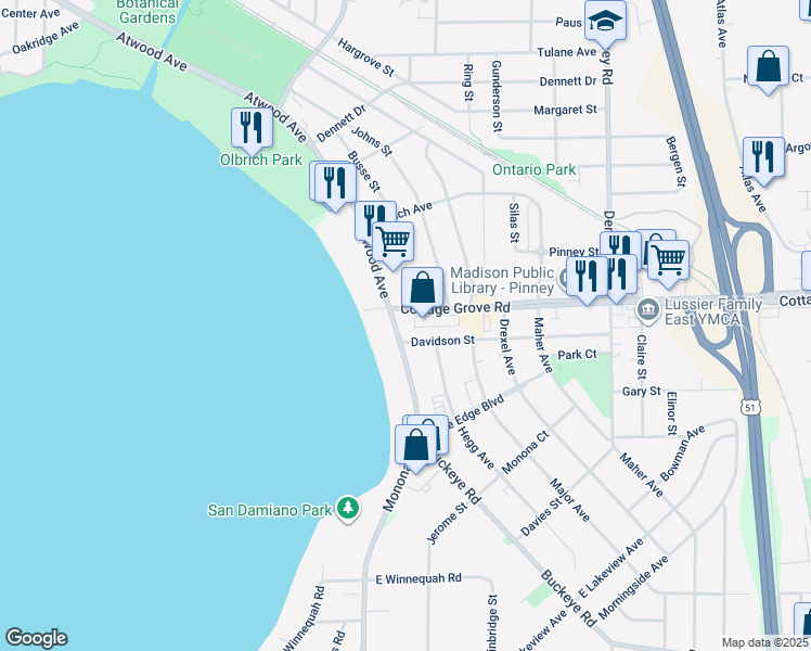 map of restaurants, bars, coffee shops, grocery stores, and more near 3939 Monona Drive in Monona