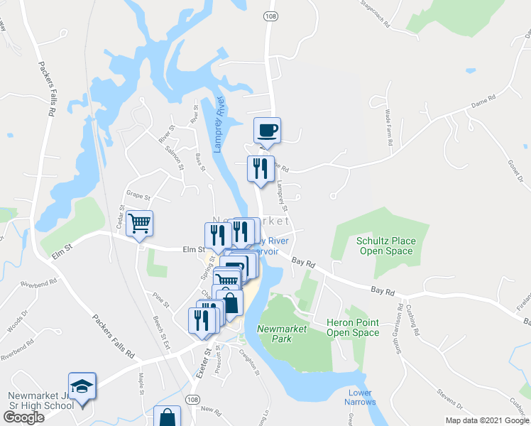 map of restaurants, bars, coffee shops, grocery stores, and more near 49 North Main Street in Newmarket