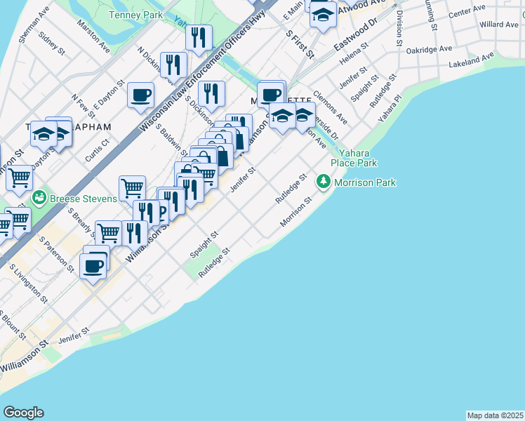 map of restaurants, bars, coffee shops, grocery stores, and more near 1324 Rutledge Street in Madison