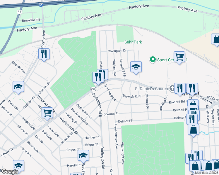 map of restaurants, bars, coffee shops, grocery stores, and more near 107 Roxford Road South in Syracuse