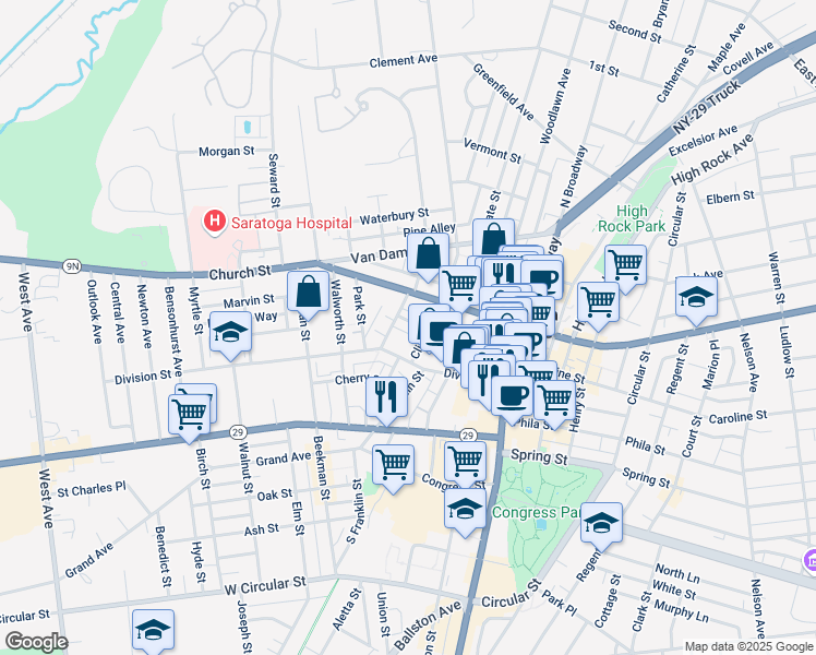 map of restaurants, bars, coffee shops, grocery stores, and more near 14 Thomas Street in Saratoga Springs