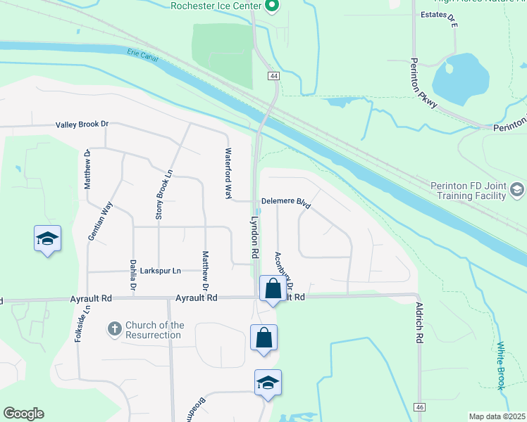 map of restaurants, bars, coffee shops, grocery stores, and more near 6 Otterden Lane in Fairport