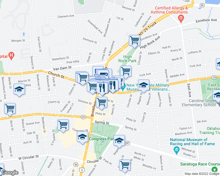 map of restaurants, bars, coffee shops, grocery stores, and more near 63 High Rock Avenue in Saratoga Springs