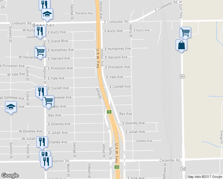 map of restaurants, bars, coffee shops, grocery stores, and more near 1258 East Cornell Avenue in Flint
