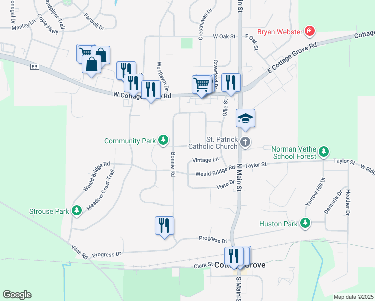 map of restaurants, bars, coffee shops, grocery stores, and more near 213 Vintage Lane in Cottage Grove
