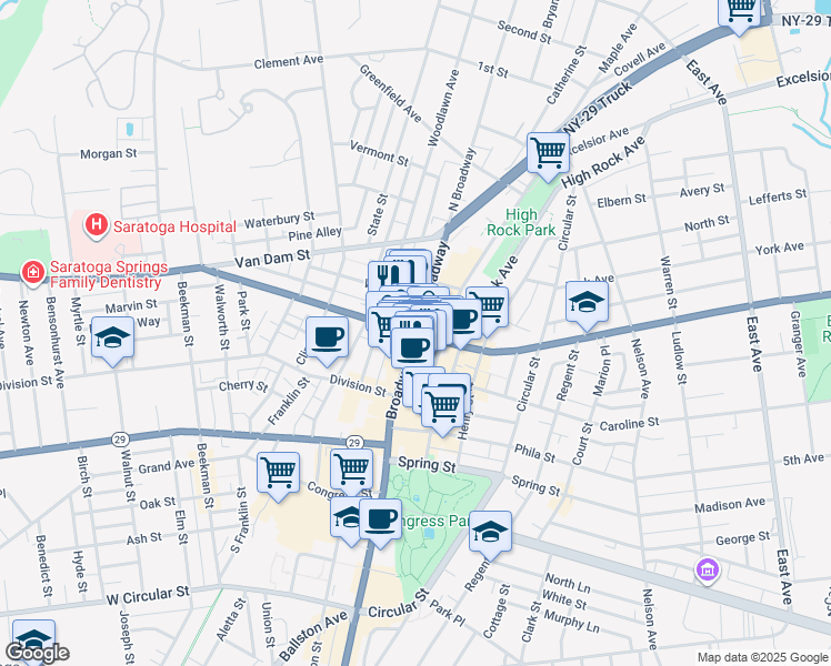 map of restaurants, bars, coffee shops, grocery stores, and more near Church Street & Broadway in Saratoga Springs
