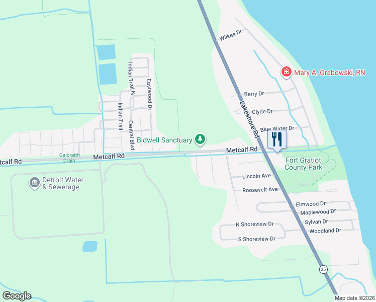 map of restaurants, bars, coffee shops, grocery stores, and more near 3590 Metcalf Road in Fort Gratiot Township