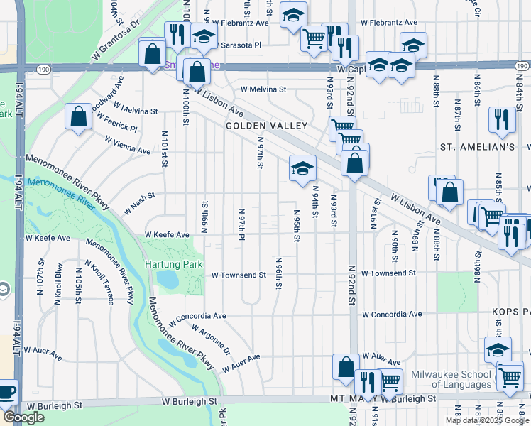 map of restaurants, bars, coffee shops, grocery stores, and more near 3523 North 97th Street in Milwaukee