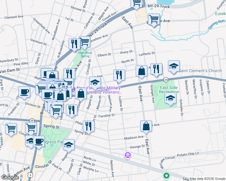map of restaurants, bars, coffee shops, grocery stores, and more near 256 Nelson Avenue in Saratoga Springs