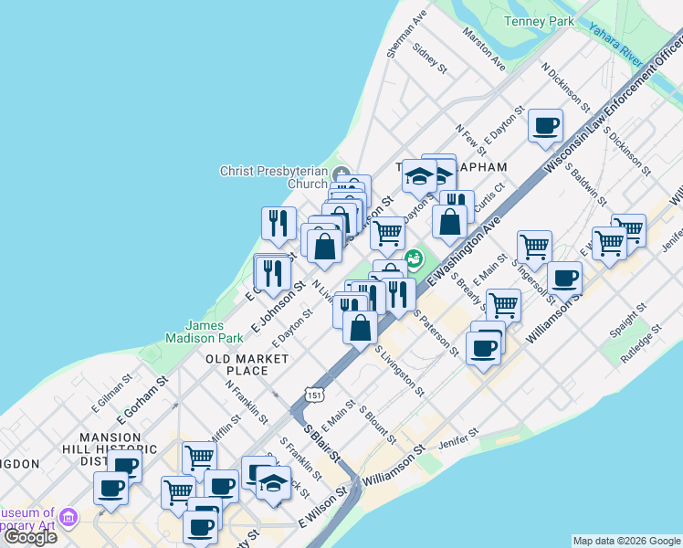 map of restaurants, bars, coffee shops, grocery stores, and more near 824 East Dayton Street in Madison