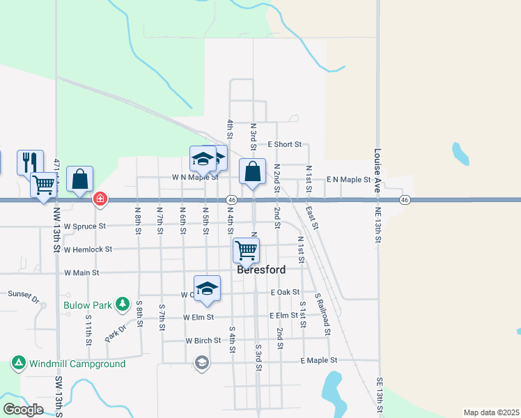 map of restaurants, bars, coffee shops, grocery stores, and more near in Beresford
