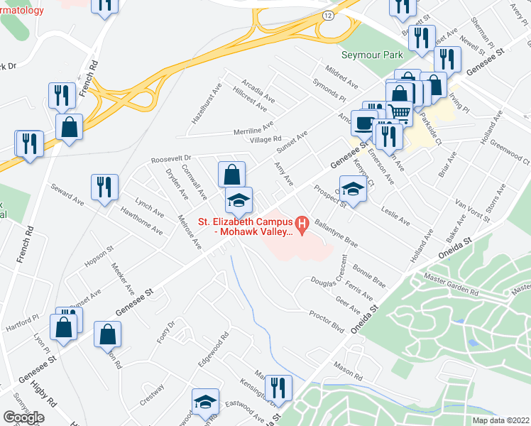 map of restaurants, bars, coffee shops, grocery stores, and more near 2211 Genesee Street in Utica