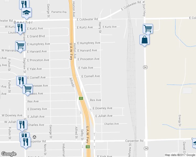 map of restaurants, bars, coffee shops, grocery stores, and more near 1316 East Cornell Avenue in Flint
