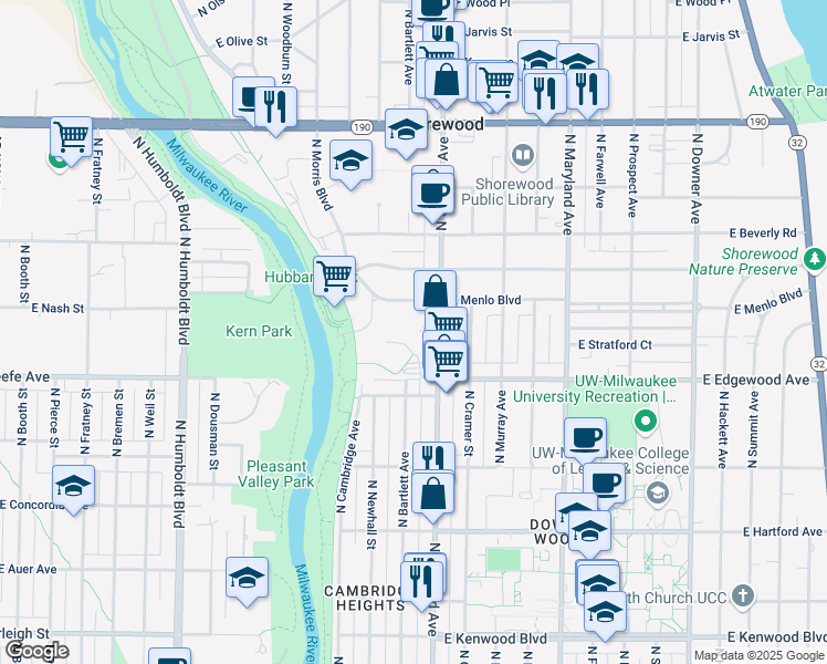 map of restaurants, bars, coffee shops, grocery stores, and more near 1700 East River Park Court in Shorewood