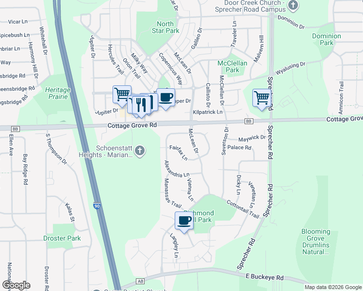 map of restaurants, bars, coffee shops, grocery stores, and more near 1114 McLean Drive in Madison