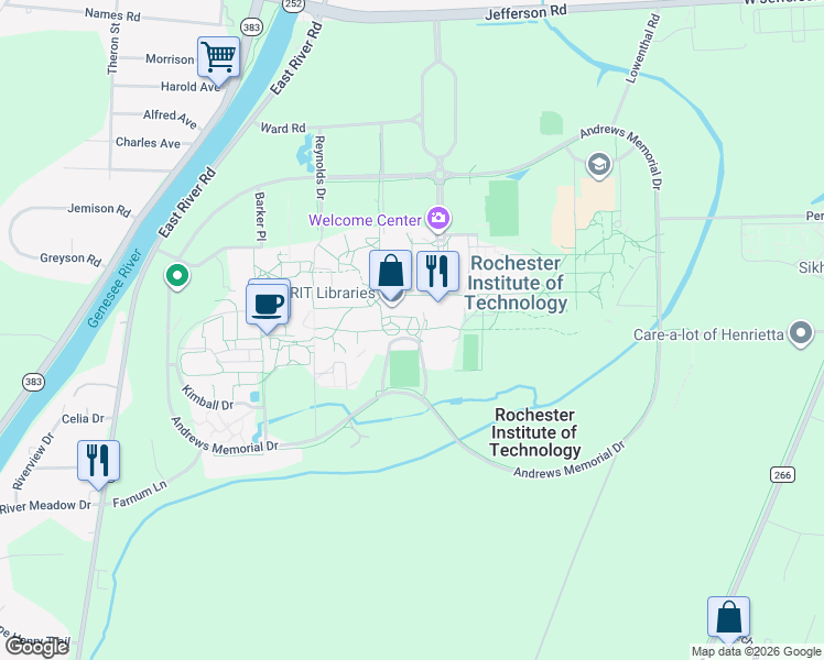 map of restaurants, bars, coffee shops, grocery stores, and more near 1 Lomb Memorial Drive in Rochester
