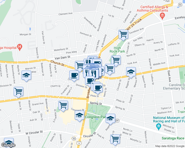 map of restaurants, bars, coffee shops, grocery stores, and more near 4 Route 9N in Saratoga Springs