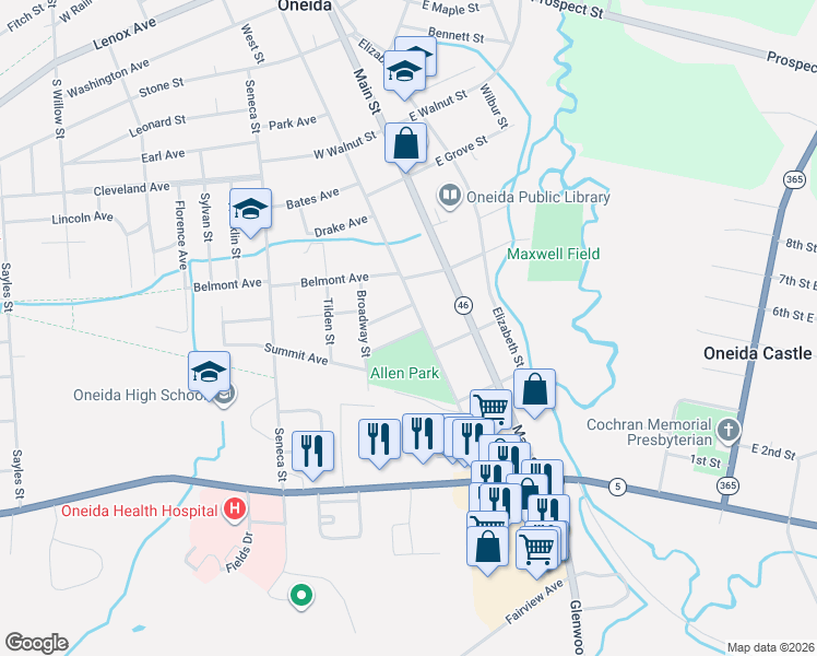 map of restaurants, bars, coffee shops, grocery stores, and more near 547 Broad Street in Oneida