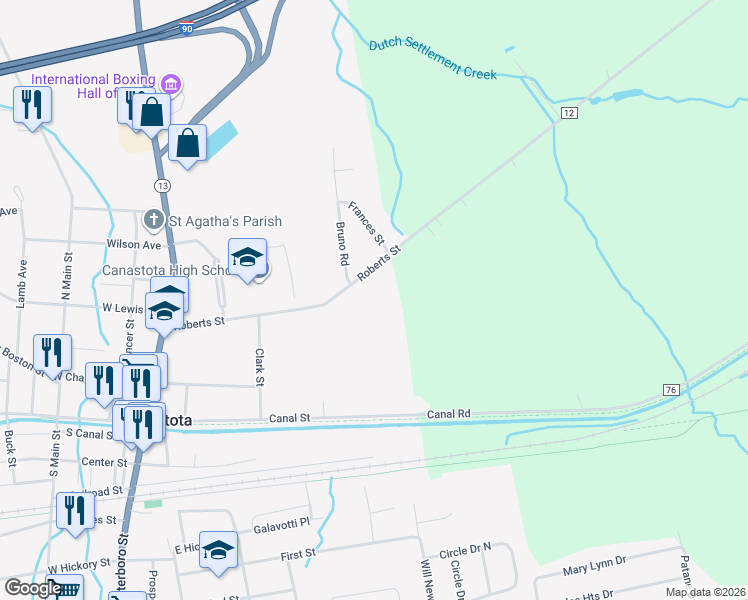 map of restaurants, bars, coffee shops, grocery stores, and more near 335 Roberts Street in Canastota