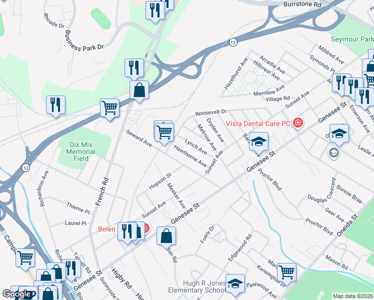 map of restaurants, bars, coffee shops, grocery stores, and more near 124 Hawthorne Avenue in Utica