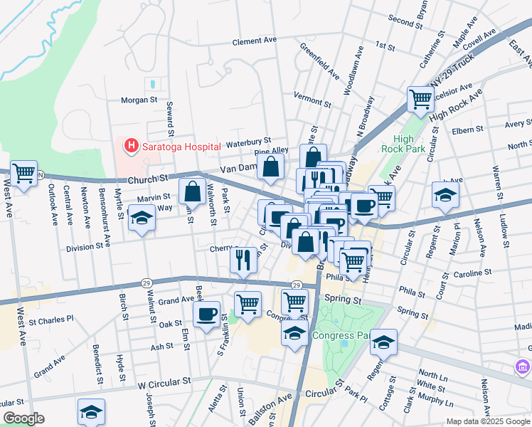 map of restaurants, bars, coffee shops, grocery stores, and more near 14 Thomas Street in Saratoga Springs