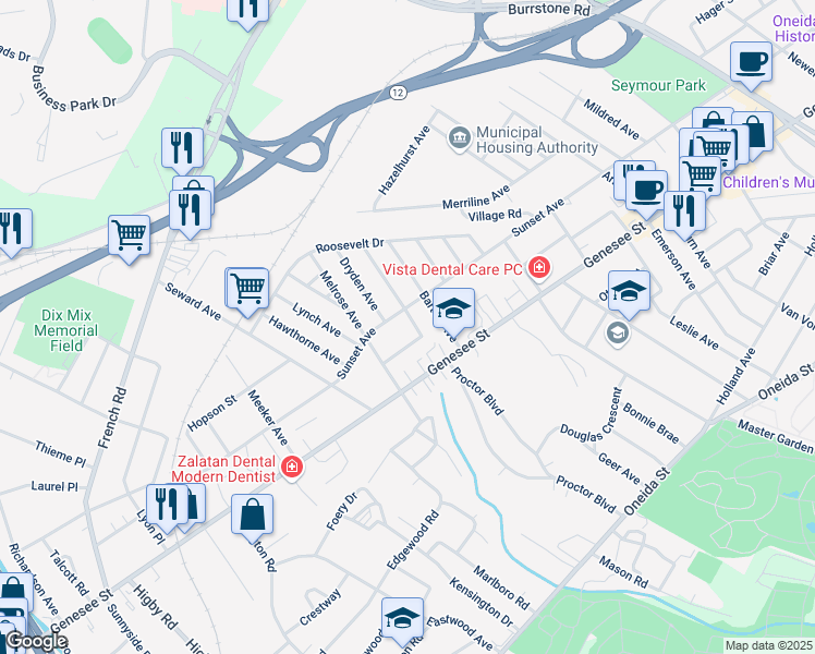 map of restaurants, bars, coffee shops, grocery stores, and more near 7 Fairfax Place in Utica