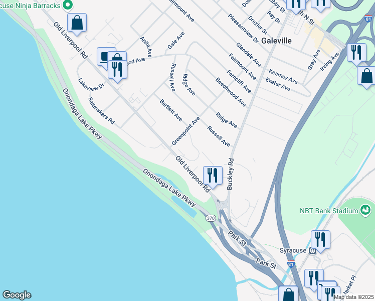 map of restaurants, bars, coffee shops, grocery stores, and more near 150 Old Liverpool Road in Salina