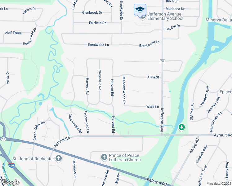 map of restaurants, bars, coffee shops, grocery stores, and more near 23 Harvest Road in Fairport