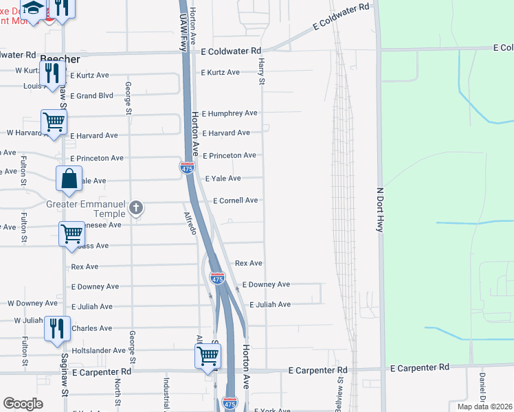 map of restaurants, bars, coffee shops, grocery stores, and more near 1316 East Cornell Avenue in Flint