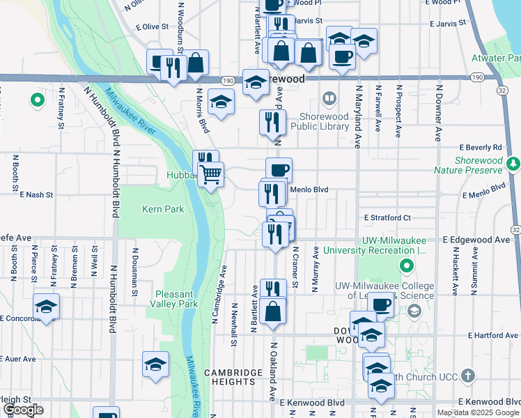 map of restaurants, bars, coffee shops, grocery stores, and more near 1700 East River Park Court in Shorewood