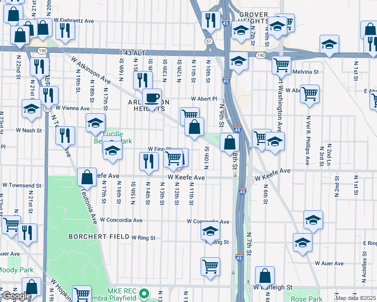 map of restaurants, bars, coffee shops, grocery stores, and more near 3556 North 12th Street in Milwaukee