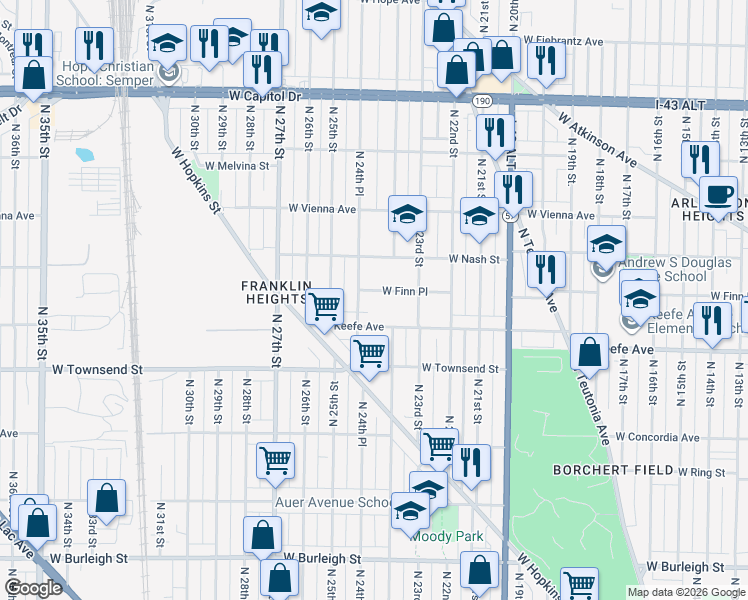 map of restaurants, bars, coffee shops, grocery stores, and more near 3520 North 24th Place in Milwaukee