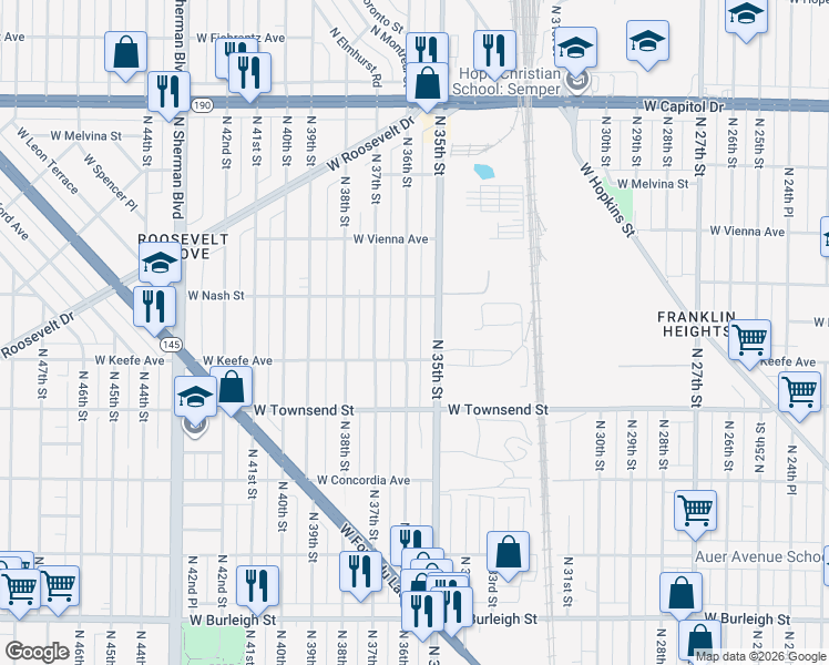 map of restaurants, bars, coffee shops, grocery stores, and more near 3529 North 36th Street in Milwaukee