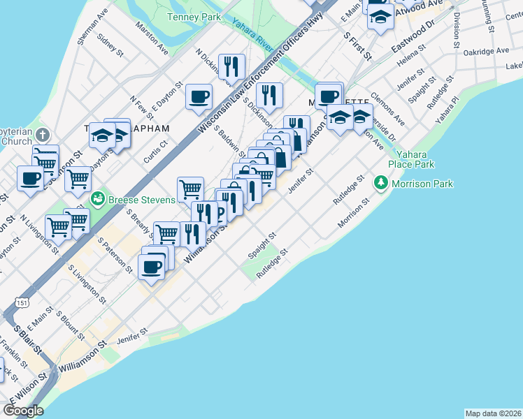 map of restaurants, bars, coffee shops, grocery stores, and more near 1223 Jenifer Street in Madison