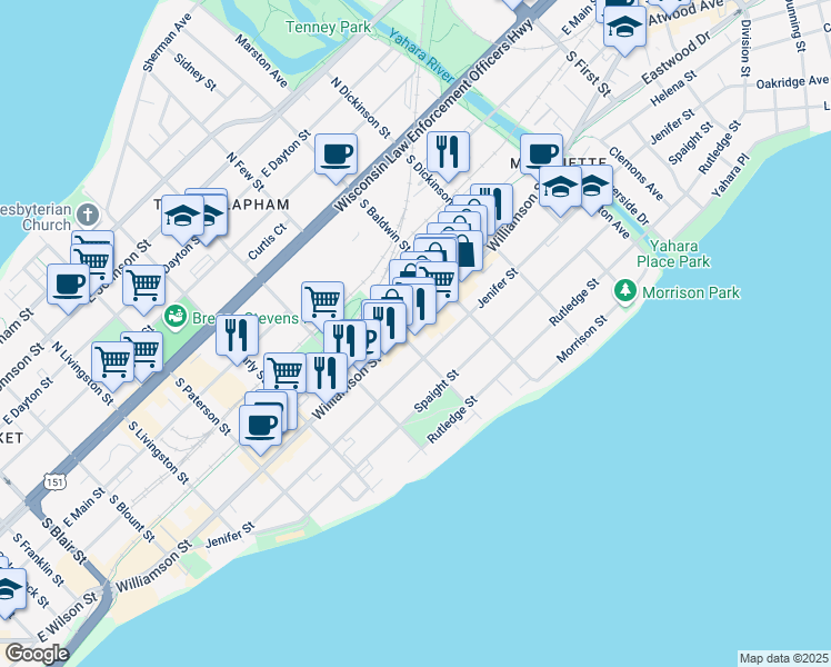 map of restaurants, bars, coffee shops, grocery stores, and more near 405 South Few Street in Madison