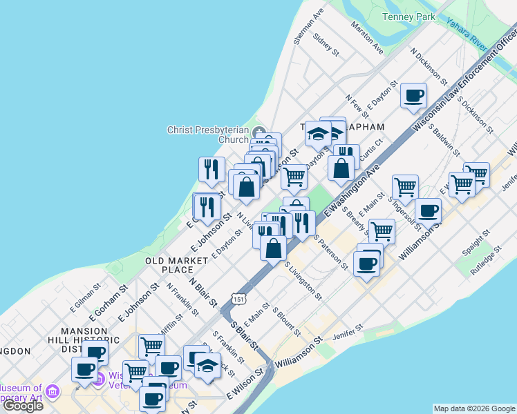 map of restaurants, bars, coffee shops, grocery stores, and more near 809 East Dayton Street in Madison