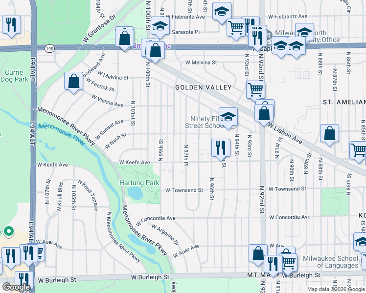 map of restaurants, bars, coffee shops, grocery stores, and more near 3524 North 98th Street in Milwaukee
